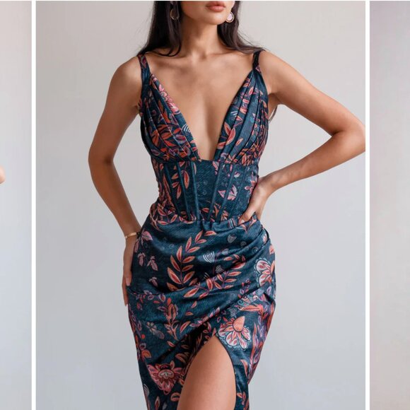 NEW Averie Halley Draped Midi Tropical Cocktail Evening Dress - Picture 2 of 12